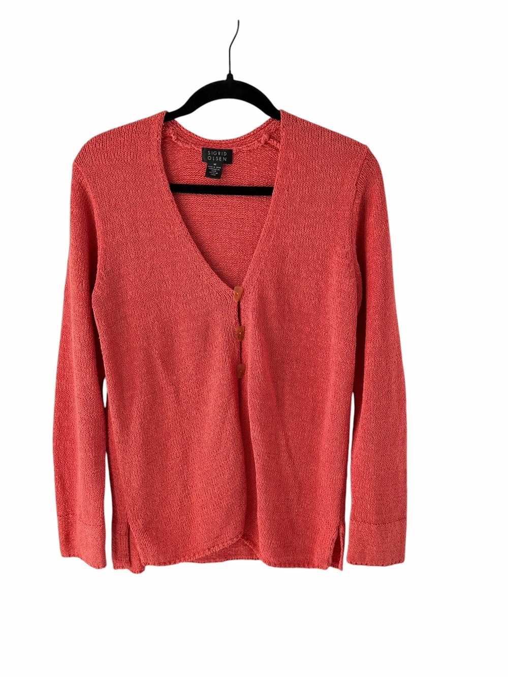 Sigrid Olsen Coral V-Neck Classic Casual‎ Three-Button Knit Cardigan Size Medium